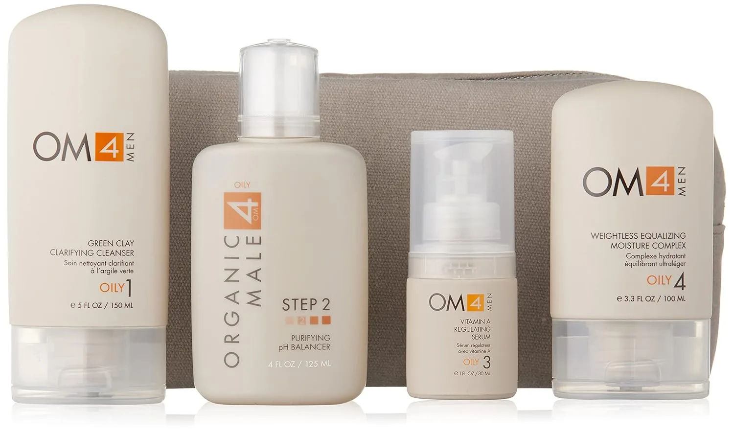 Organic Male OM4 Oily Collection 4-ступенчатый набор для ухода и дорожная сумка - 4 предмета: очищающее средство, тоник, сыворотка и увлажняющий крем для мужчин
