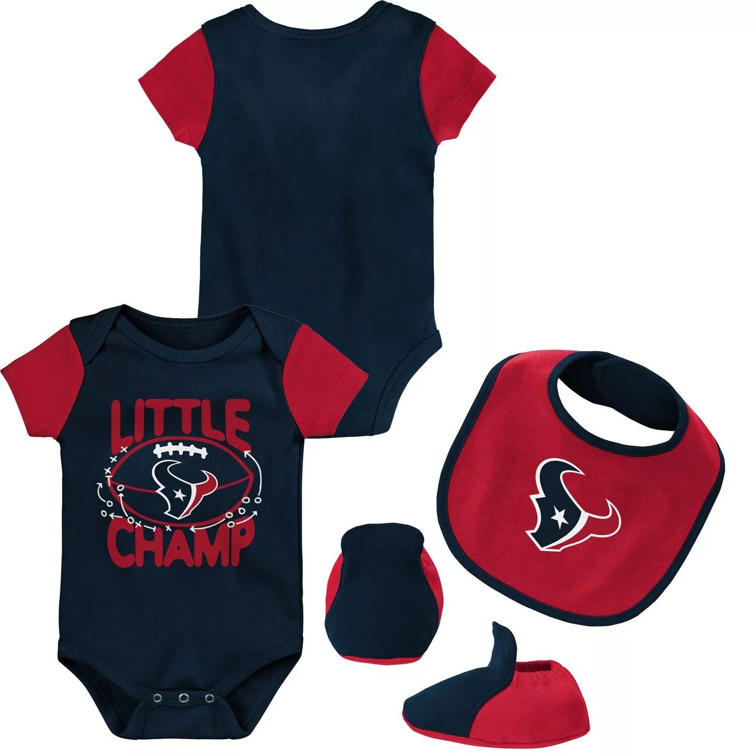 

Темно-синий/красный комплект из трех частей боди Houston Texans Little Champ для новорожденных и младенцев с нагрудником и пинетками Outerstuff