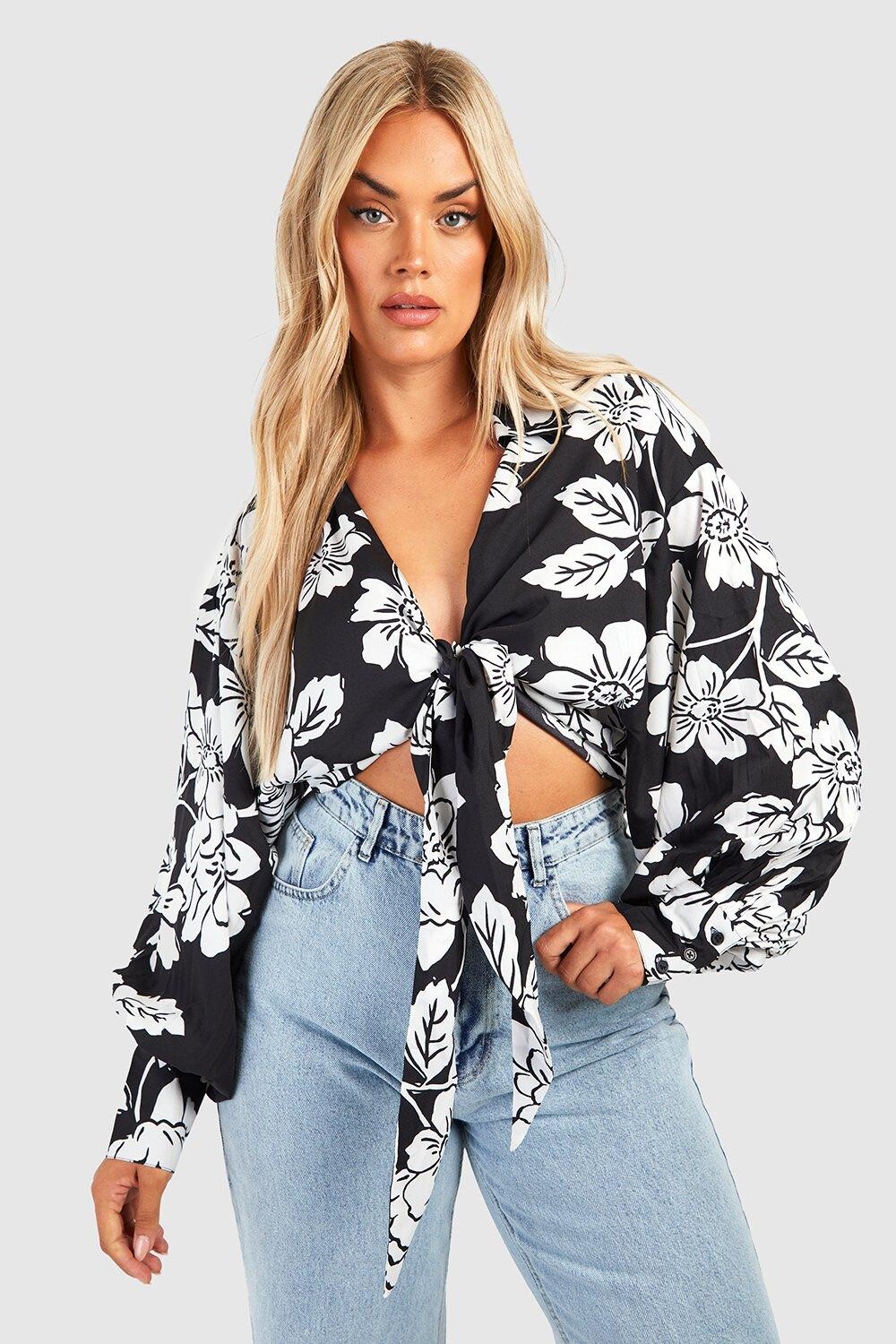 

Рубашка с моноцветочным принтом plus завязка перед Boohoo, черный