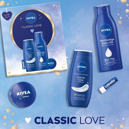 Подарочный набор NIVEA Classic Love, набор средств по уходу за кожей с увлажняющими средствами, подарочная коробка с питательным средством для душа, молочком для тела Labello и кремом NIVEA — фото 3
