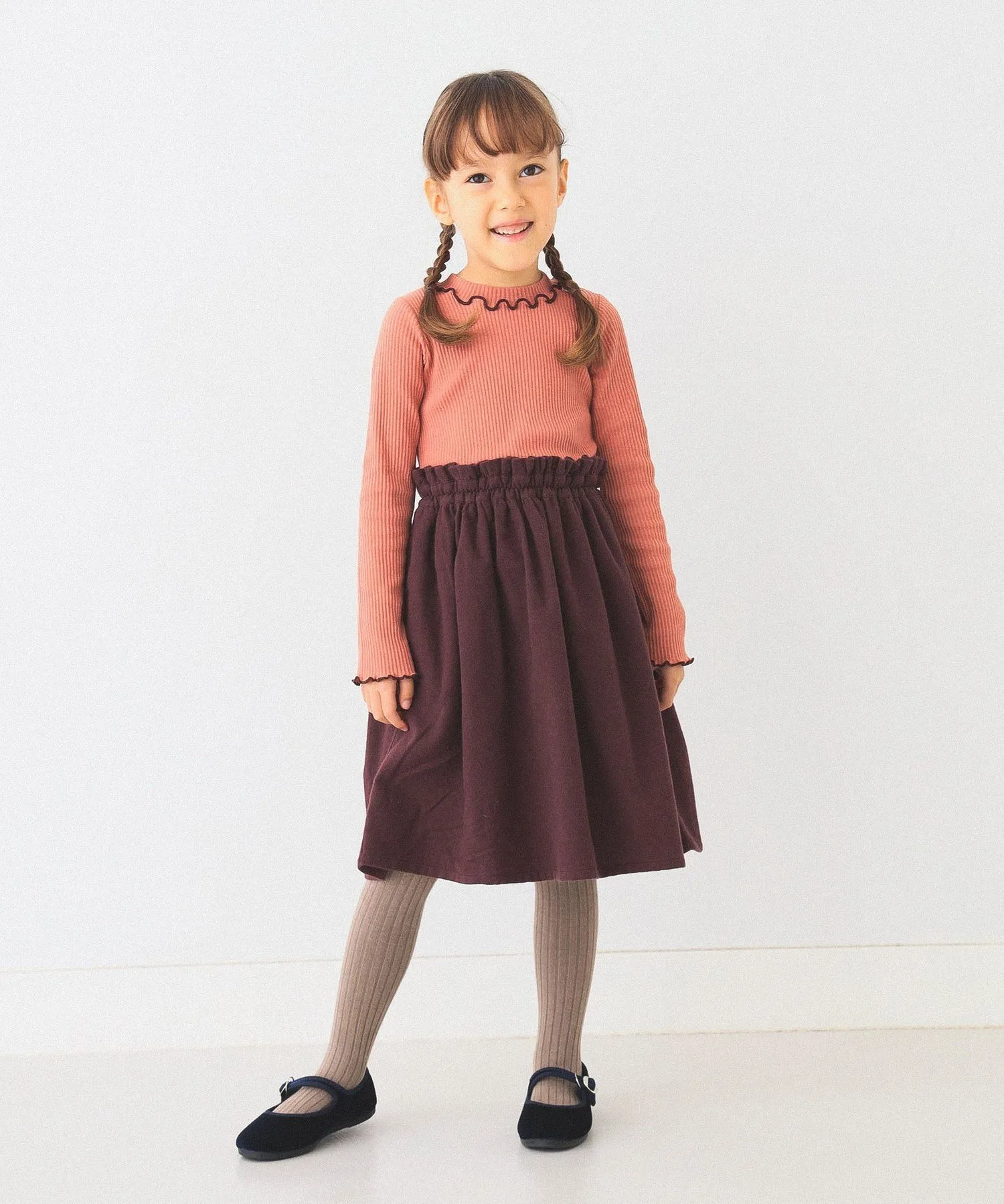 Платье Mellow Rib Switch (90–150 см) BEAMS mini, CORAL×DARK BROWN
