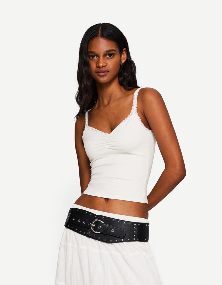 

Кружевной топ с бретелями Bershka, белый