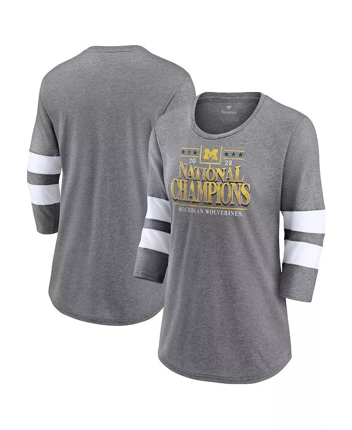 

Женская футболка Heather Gray Michigan Wolverines College Football Playoff 2023 National Champions Outstanding Achievement Retro Tri-Blend с рукавами 3/4 Fanatics