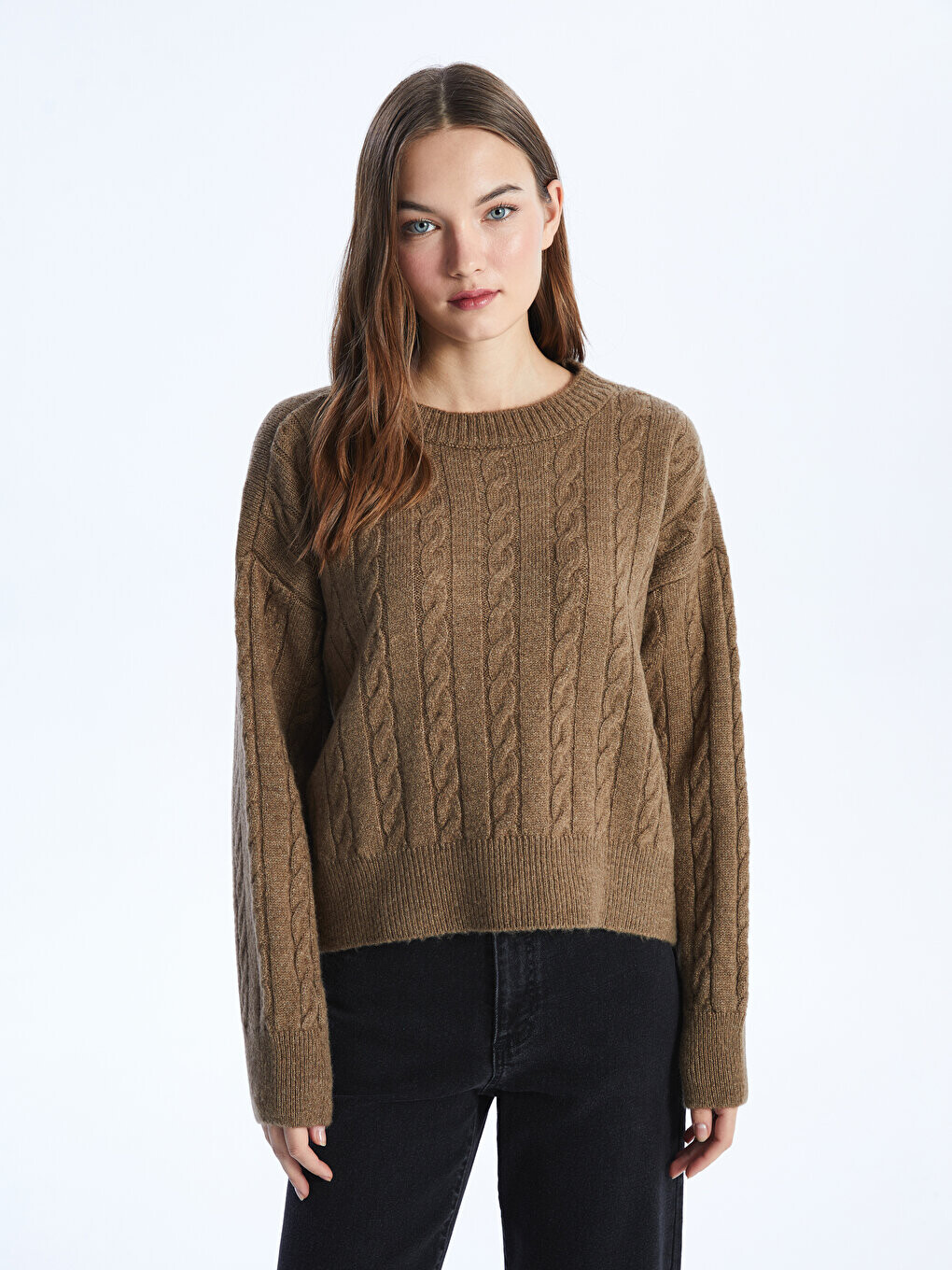 

Женский трикотажный свитер с длинным рукавом с круглым вырезом и узором LCW Casual, темно коричневый