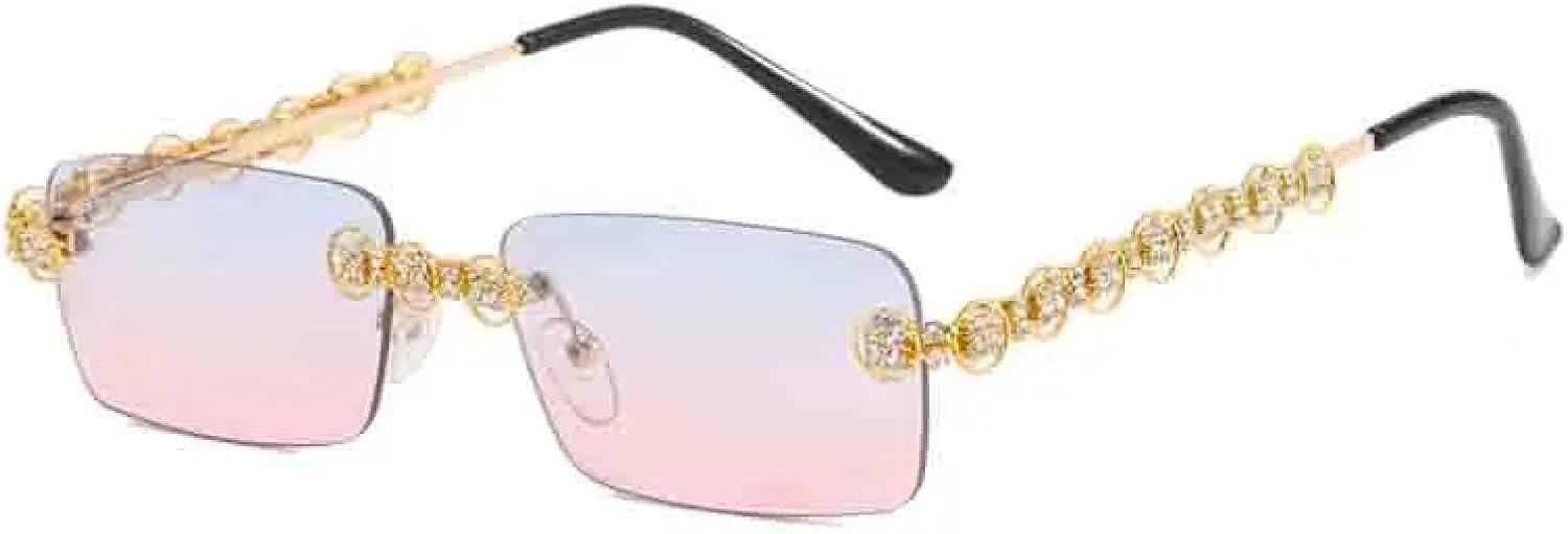 

Модные солнцезащитные очки класса люкс с прямой оправой, без оправы, с металлическим покрытием и огранкой «бриллиант», для женщин, защита от УФ-излучения UV400 TKKTLLT, Gold Blue Pink