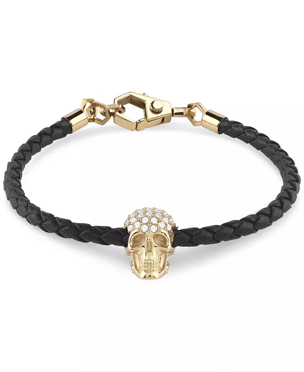 

Мужской браслет Enigma Crystal Skull из черной кожи с ионным покрытием из позолоченной нержавеющей стали Philipp Plein, gold