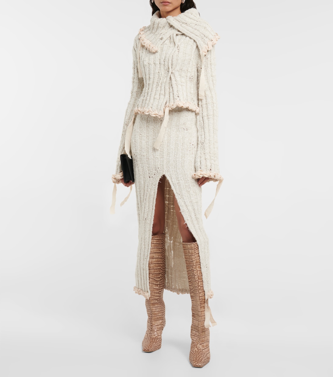 Юбка макси из шерстяной смеси, связанная крючком Acne Studios, Ecru/White — фото 2