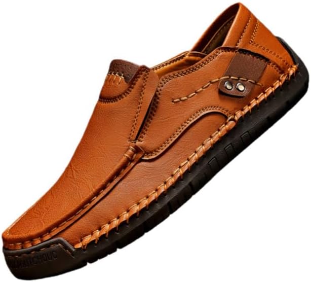 

Мужские лоферы без застежки - верх из натуральной второй кожи, легкие деловые туфли с нескользящей резиновой подошвой, мокасины с круглым носком, повседневной носки, офиса, прогулок и для любого сезона Minlaidian, светло-коричневый