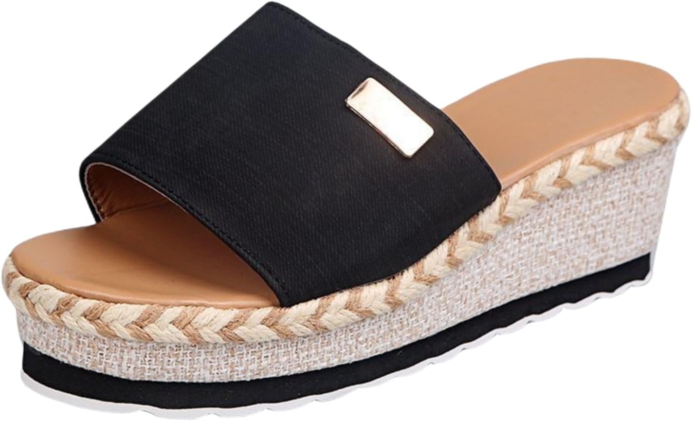 

Платформенные сандалии-эспадрильи для женщин, мюли с открытым носком, с пряжкой на танкетке, удобные летние сандалии с открытым носком из ткани для прогулок на улице, пляжа и отпуска Generic, черный