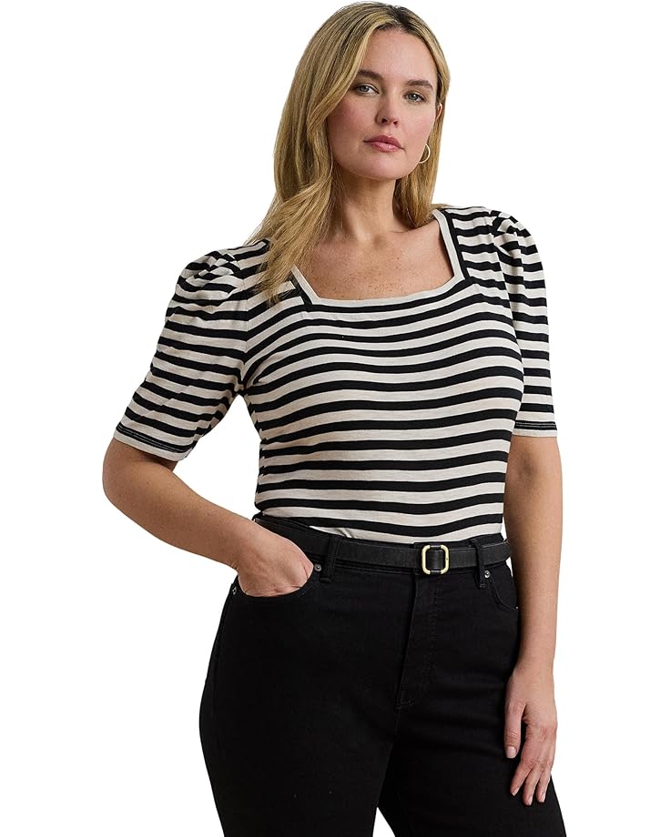 

Футболка Lauren Ralph Lauren Plus Size Striped Cotton Jersey Puff-sleeve Tee, цвет Black/Mascarpone Cream