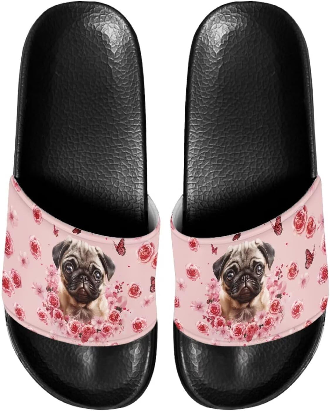 

Женские тапочки JUDENTIDOS с открытым носком, нескользящей подошвой, однотонной застежкой и мягкой плоской подошвой, Cute Pug Floral