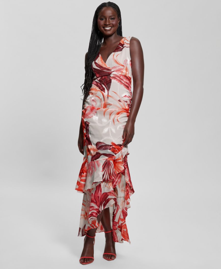 

Женское длинное платье Ava из сетчатой ткани с принтом и оборками GUESS, TROPIC ECLIPSE PRINT CORAL