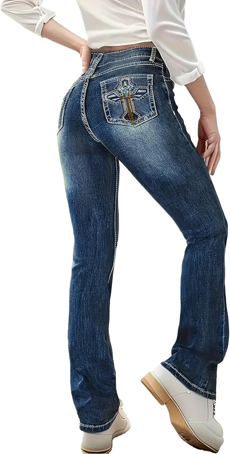 

Cuyulitcik Plus Size джинсы Boot Cut для женщин с формами Stretch с вышивкой QERINTE