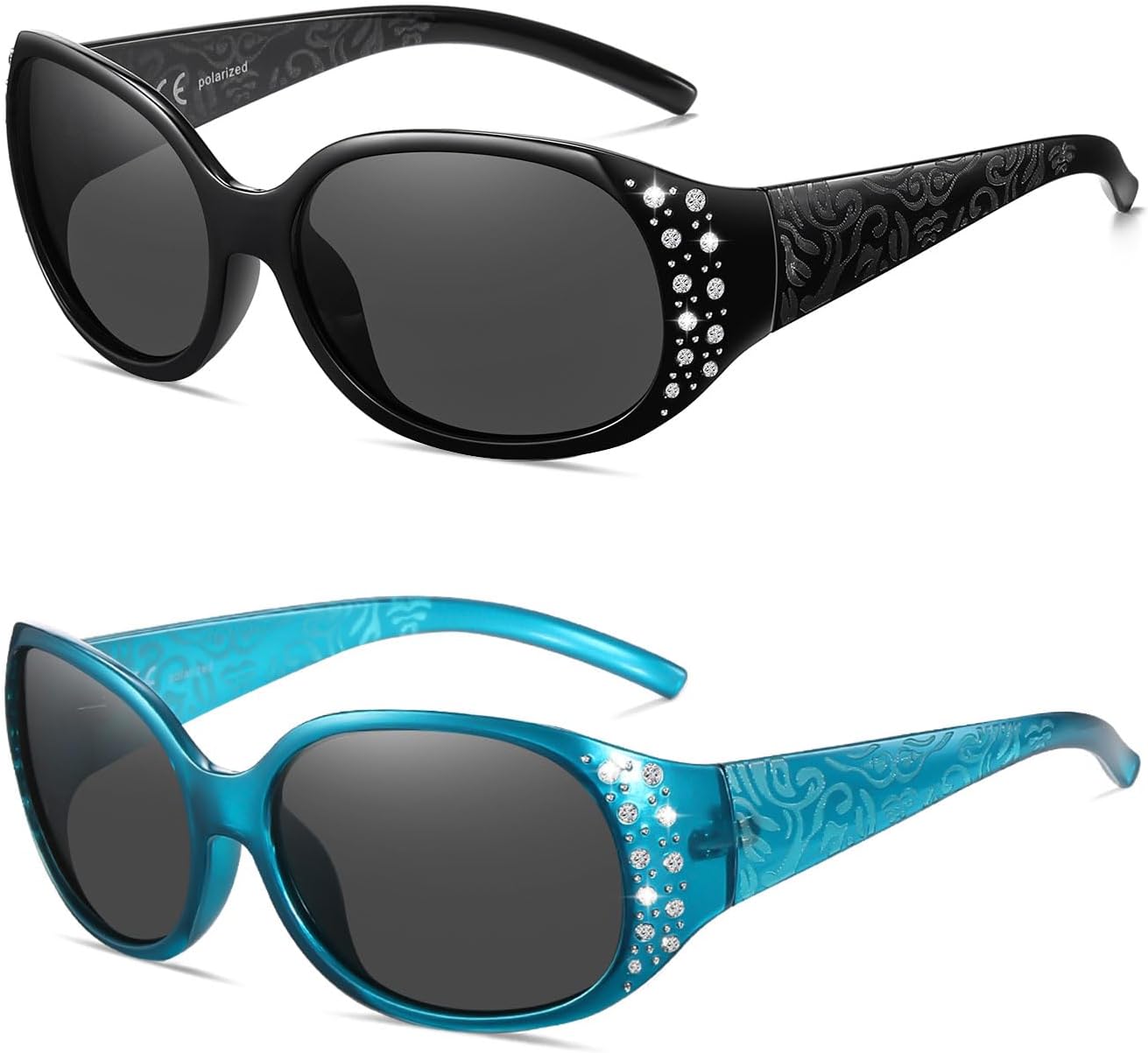 

Женские поляризованные солнцезащитные очки Wzerry, солнцезащитные очки с оправой, украшенные стразами, модные солнцезащитные очки с защитой UV400 для вождения, Black/Grey + Lake Blue/Gery