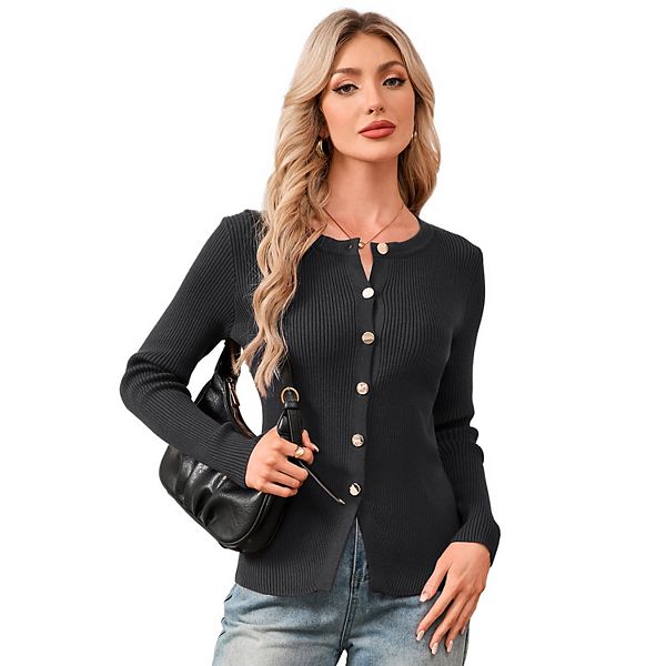 

Женский кардиган slim fit с длинным рукавом и круглым вырезом на пуговицах Seoria, Black