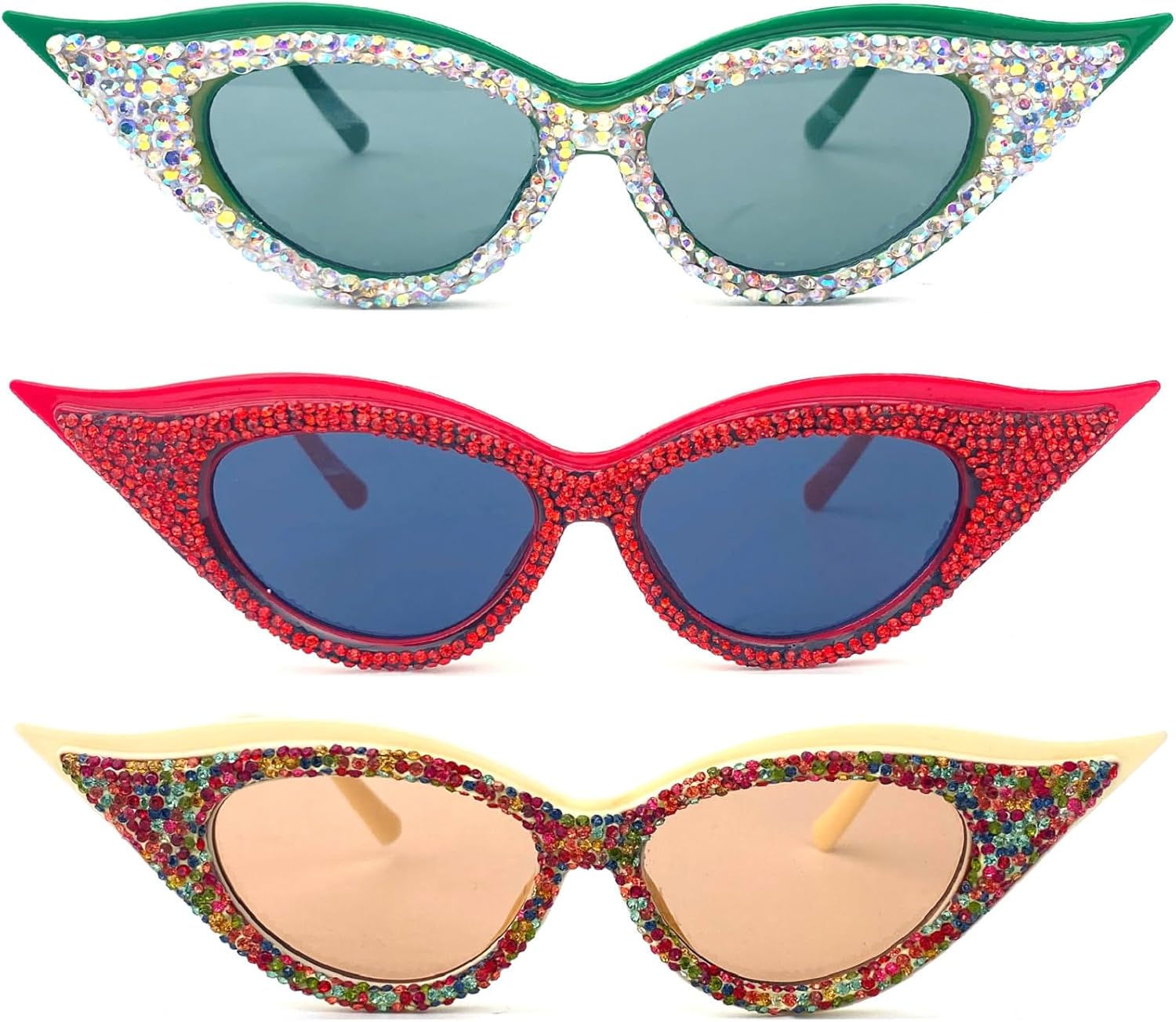 

Модные солнцезащитные очки «кошачий глаз» с бриллиантами для женщин, солнцезащитные очки со стразами, большие винтажные очки с острым носком и блестящими кристаллами mincl, 3pcs-green&red&champagne