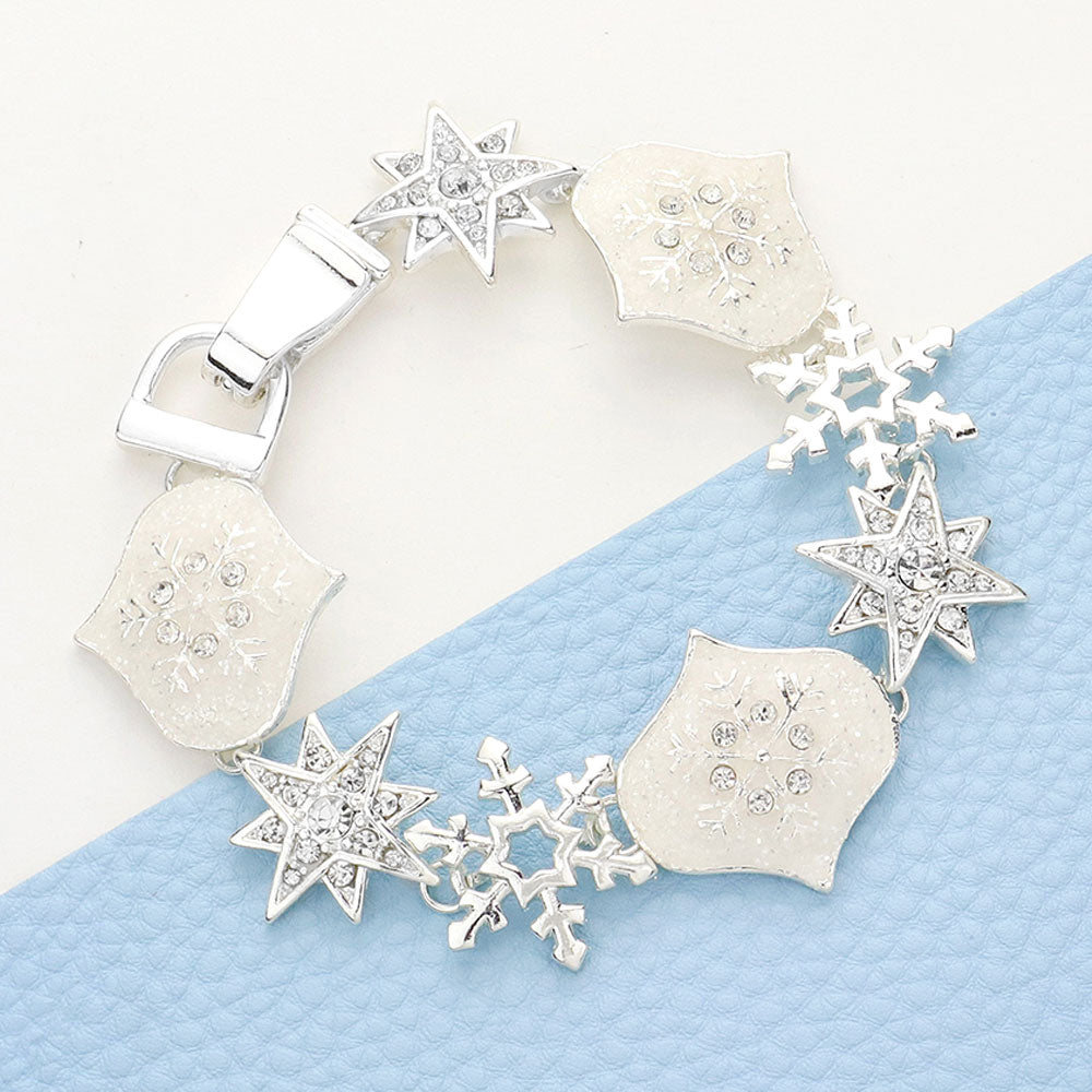 

Магнитный браслет со звеньями в форме лепестков, звезд и снежинок, серебряный, украшенный стразами Fashnzfab, серебряный