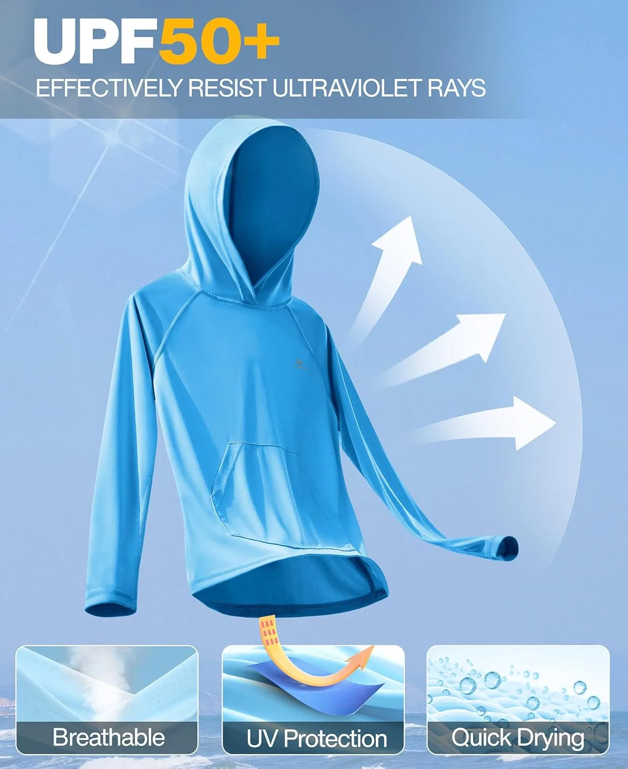 Футболка для плавания Heathyoga Rash Guard для мальчиков, защита от солнца UPF 50+, рубашка с капюшоном для рыбалки с карманом для малышей, Hoodie Blue — фото 3