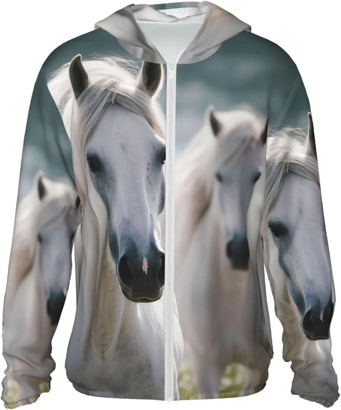

Белая кофта с капюшоном для защиты от солнца Horses Full Zip UPF 50+ с карманом HJBNW