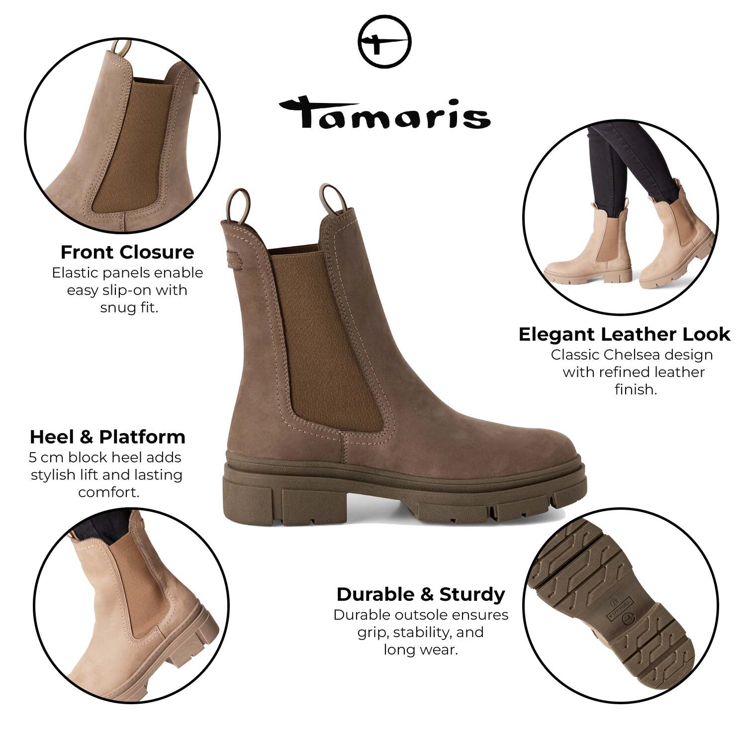 Tamaris женские высокие челси-ботфорты Dune Taupe из коричневой кожи на подтяжке TMRS — фото 2