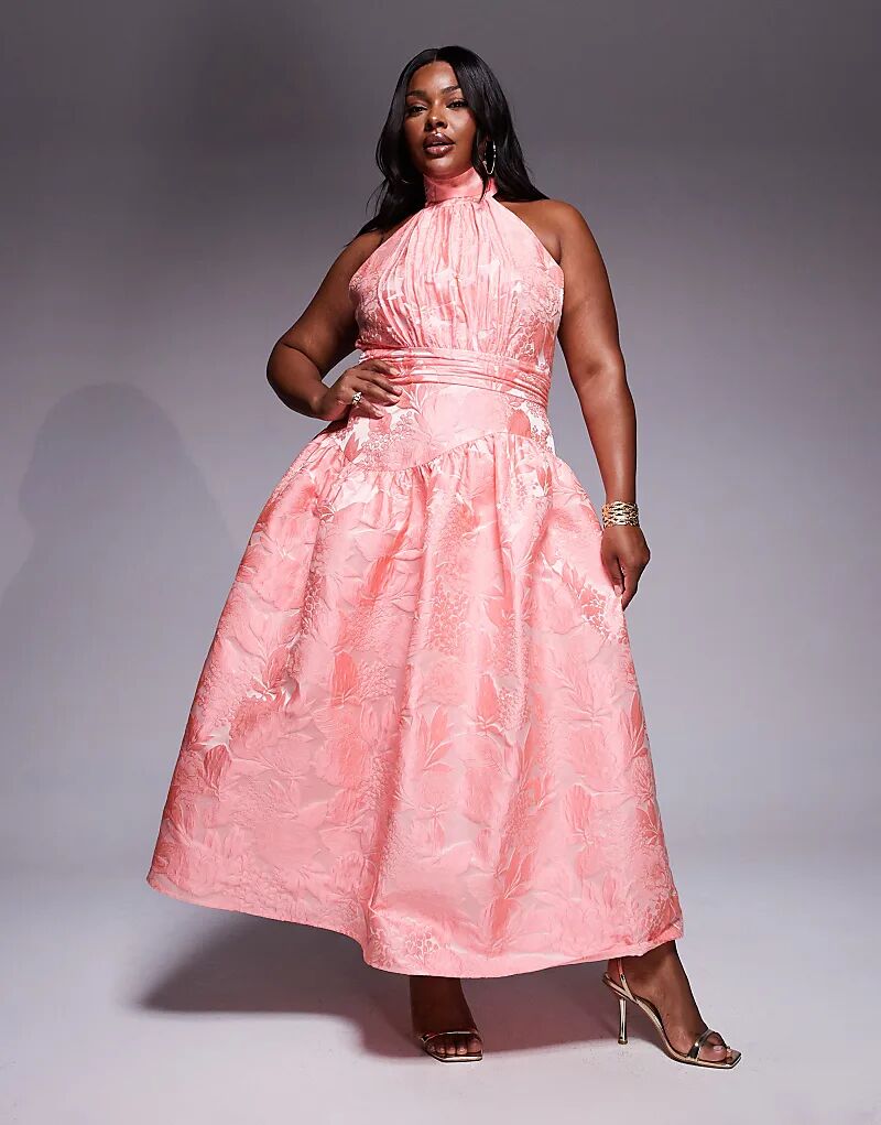 

Платье макси ASOS LUXE Curve из жаккарда с бантом и ярко-розовым цветочным принтом