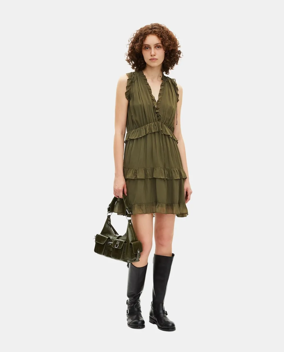

Короткое платье с V-образным вырезом и воланами The Kooples, хаки