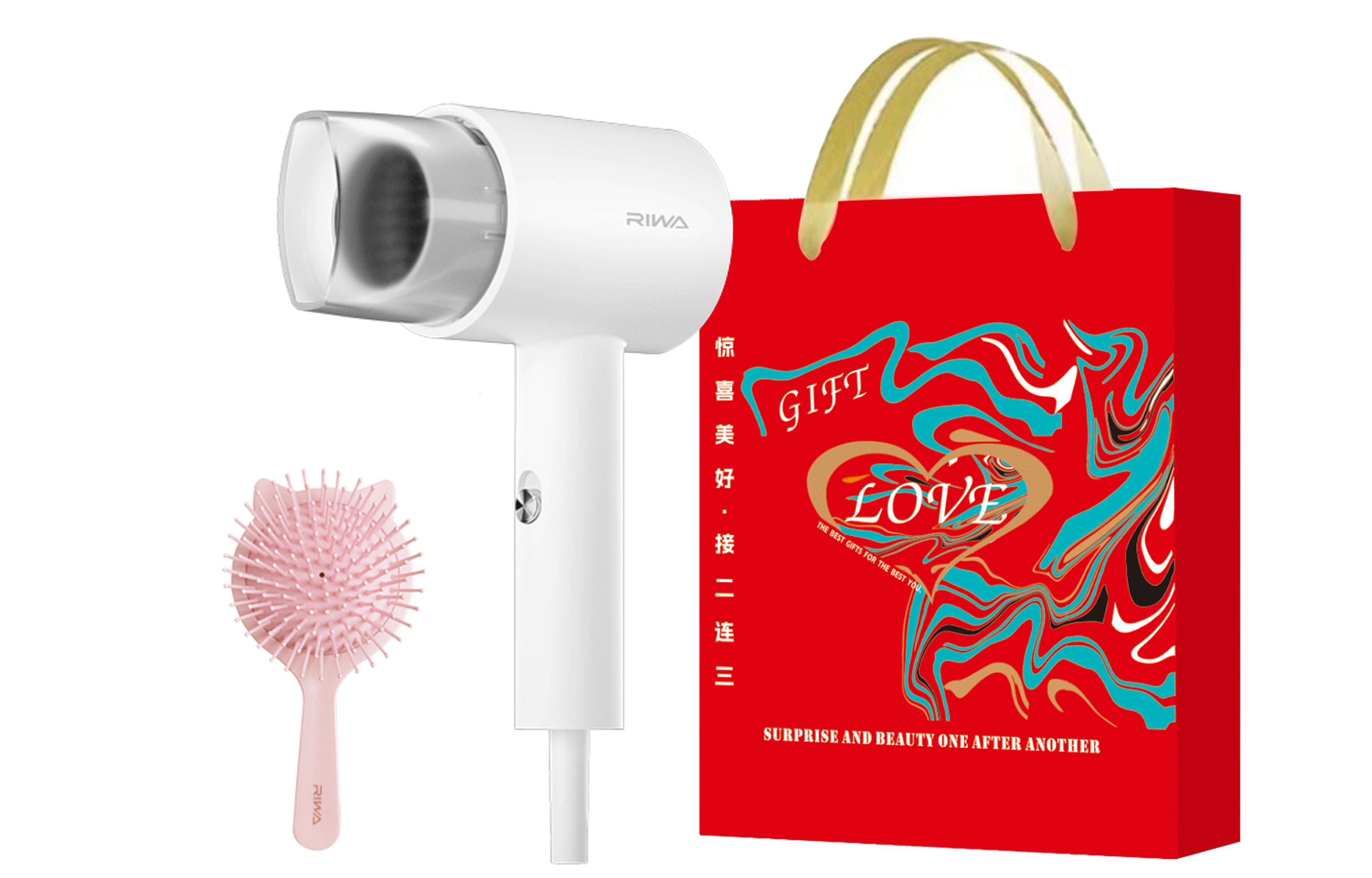

Фен для волос 500W малой мощности RC-7105 Riwa, White with gray (including gift bag + cat ear air cushion comb)
