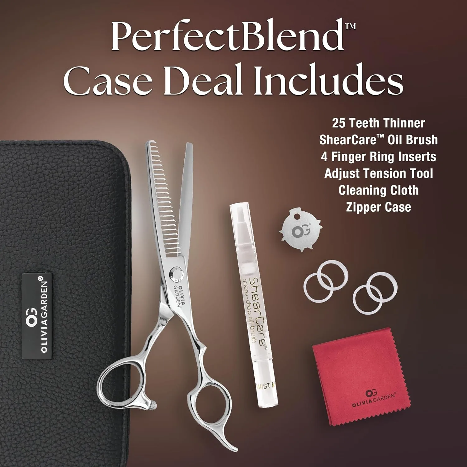В комплект Olivia Garden PerfectBlend intro case 6” (растворитель для губки), входят: PB-T25, масляный карандаш, салфетка для чистки и чехол на молнии. — фото 2