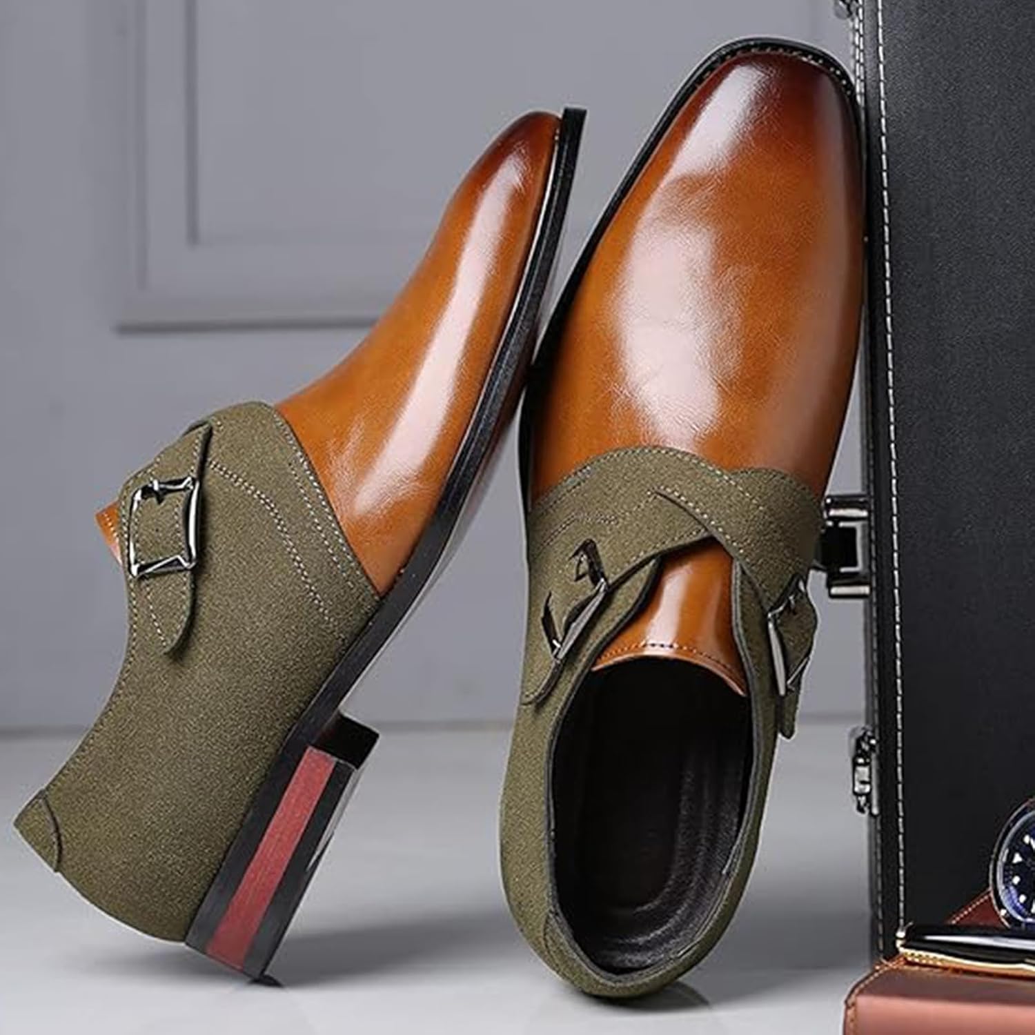 Мужские классические оксфорды с двойной пряжкой Monk Strap, удобные деловые туфли-слипоны, современные повседневные лоферы для мужчин Xinduoyu, коричневый — фото 3