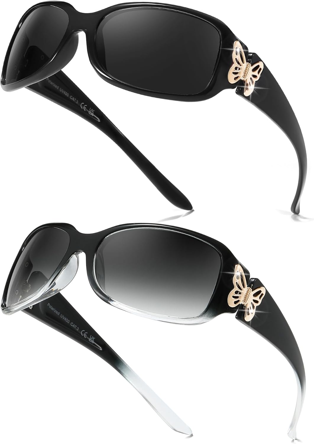 

FIMILU 2 поляризованные солнцезащитные очки для женщин, обтекаемая форма, модный декор в виде бабочек, стильные аксессуары, защита UV400, A02 Black+fadeblack Frame/Grey+grey Lens