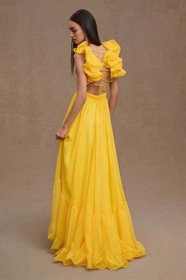 

Платье Mac Duggal Шифоновое трапециевидного силуэта с кружевом на спине и рюшами Indy, желтый