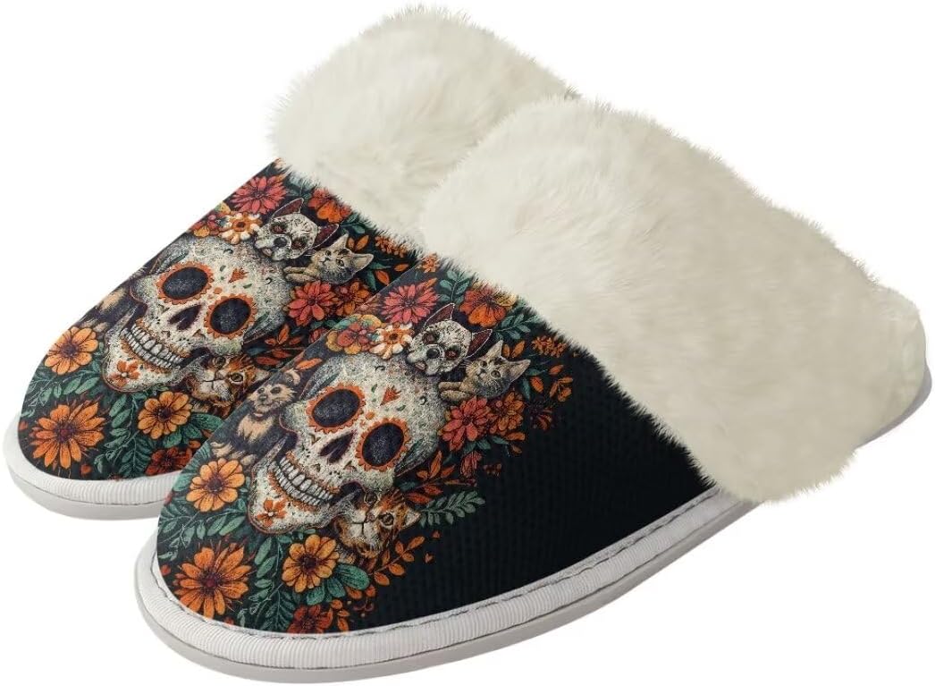 

Женские и мужские пушистые тапочки с антискользящей подошвой, легкие зимние уютные домашние тапочки для гостиной Xixirimido, Skull Floral