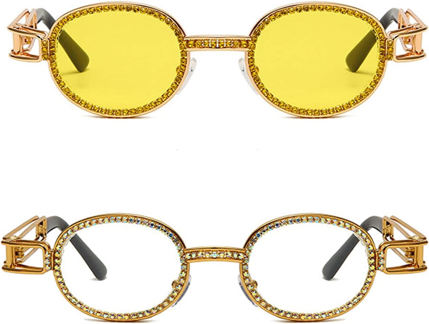 

Винтажные солнцезащитные очки COTIA с круглыми бриллиантами для мужчин и женщин, овальные, с кристаллами и металлическим покрытием, в стиле панк, модные очки с защитой от УФ-излучения UV400, Yellow&white