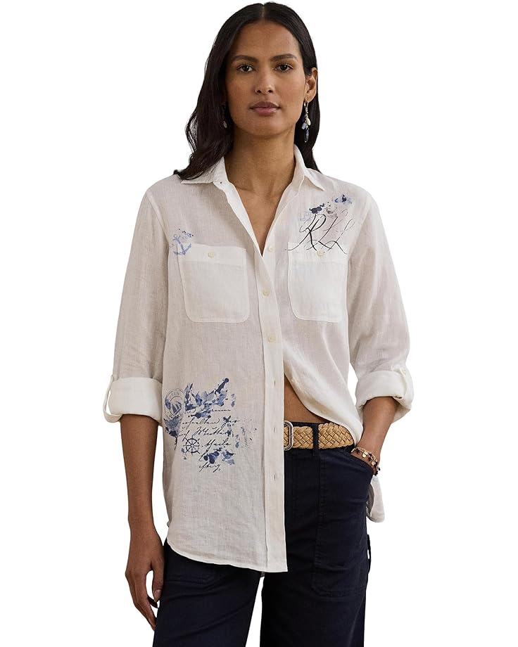

Рубашка Lauren Ralph Lauren Relaxed Fit Print Roll-Tab Sleeve Shirt, белый
