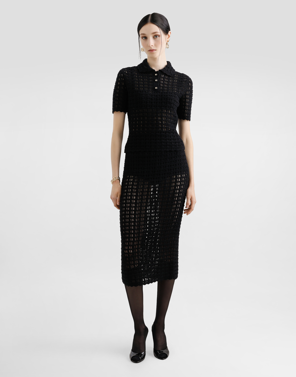 Поло из шерсти с кружевной вязкой Dolce & Gabbana, черный — фото 2