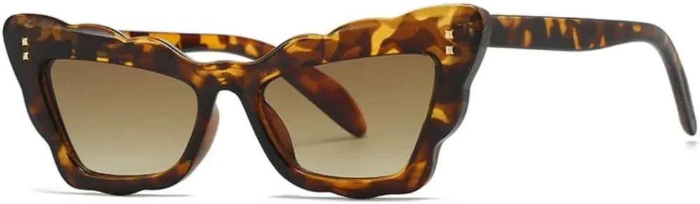 

Популярные женские солнцезащитные очки «кошачий глаз» с волнистой оправой, в стиле ретро, ​​защита от УФ-излучения UV400, модный панк-стиль, заклепки UATXTAU, Leopard