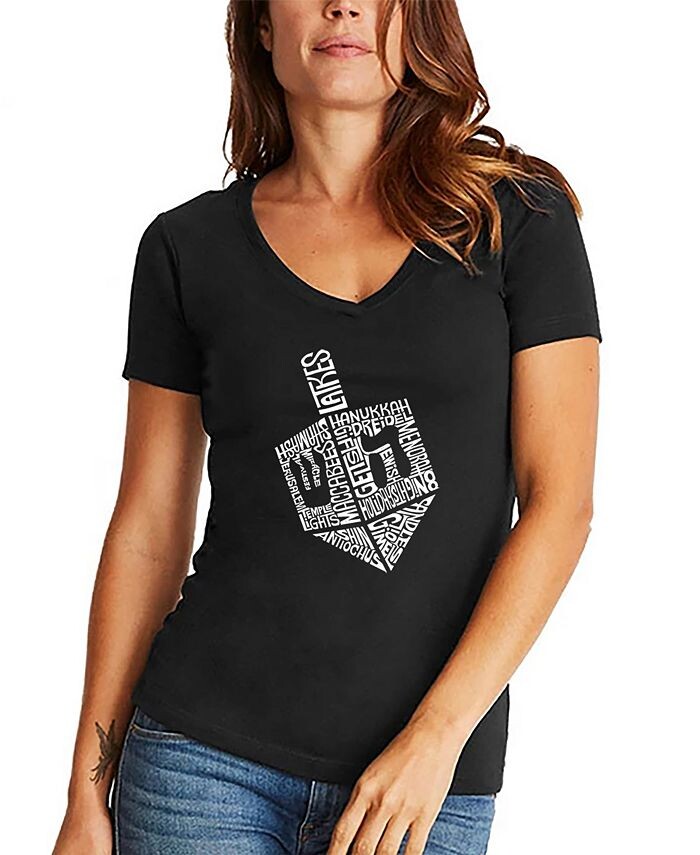 

Женская футболка Hanukkah Dreidel Word Art с v-образным вырезом LA Pop Art, черный