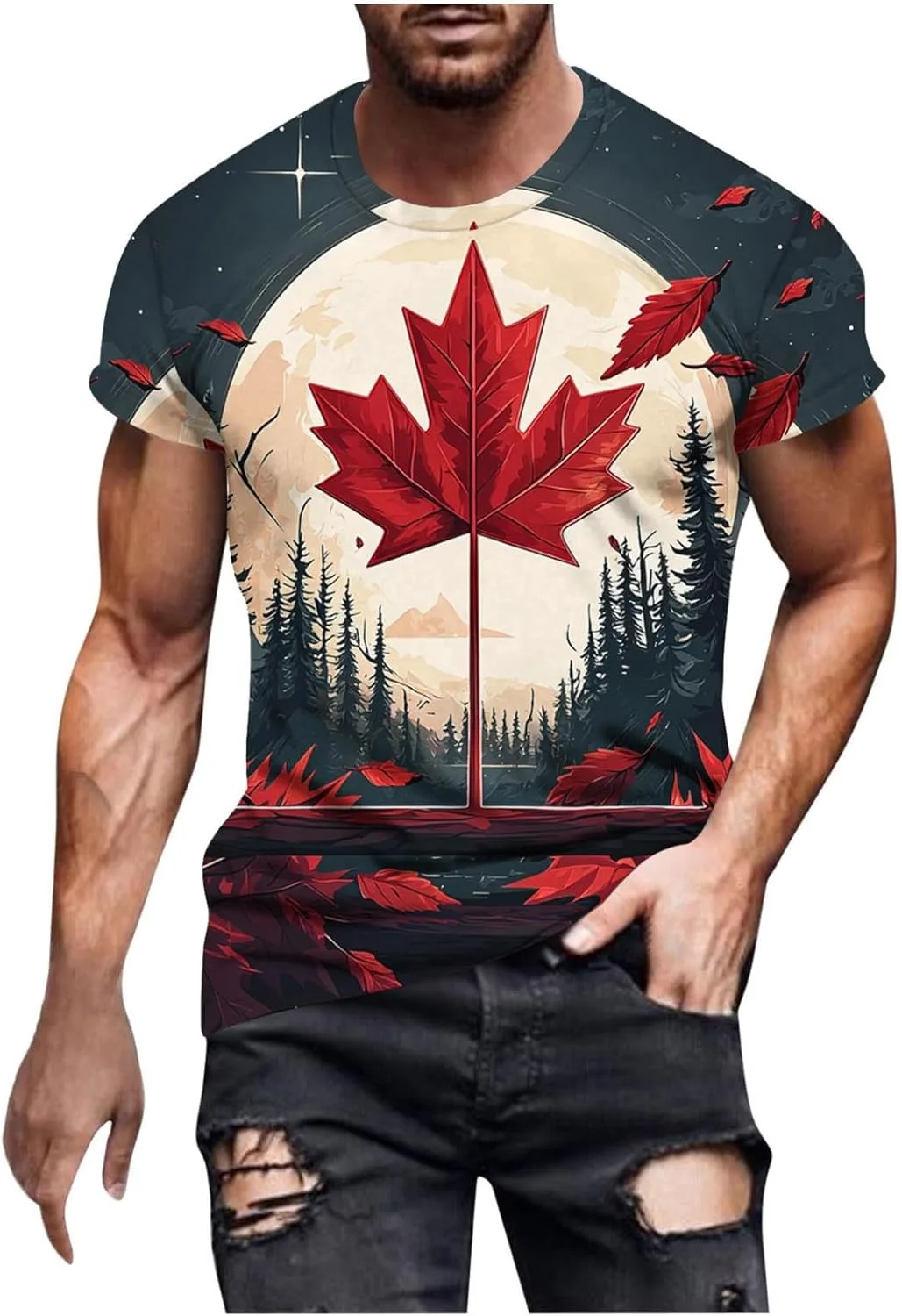 

Футболка с принтом "Кленовый лист и горный пейзаж"