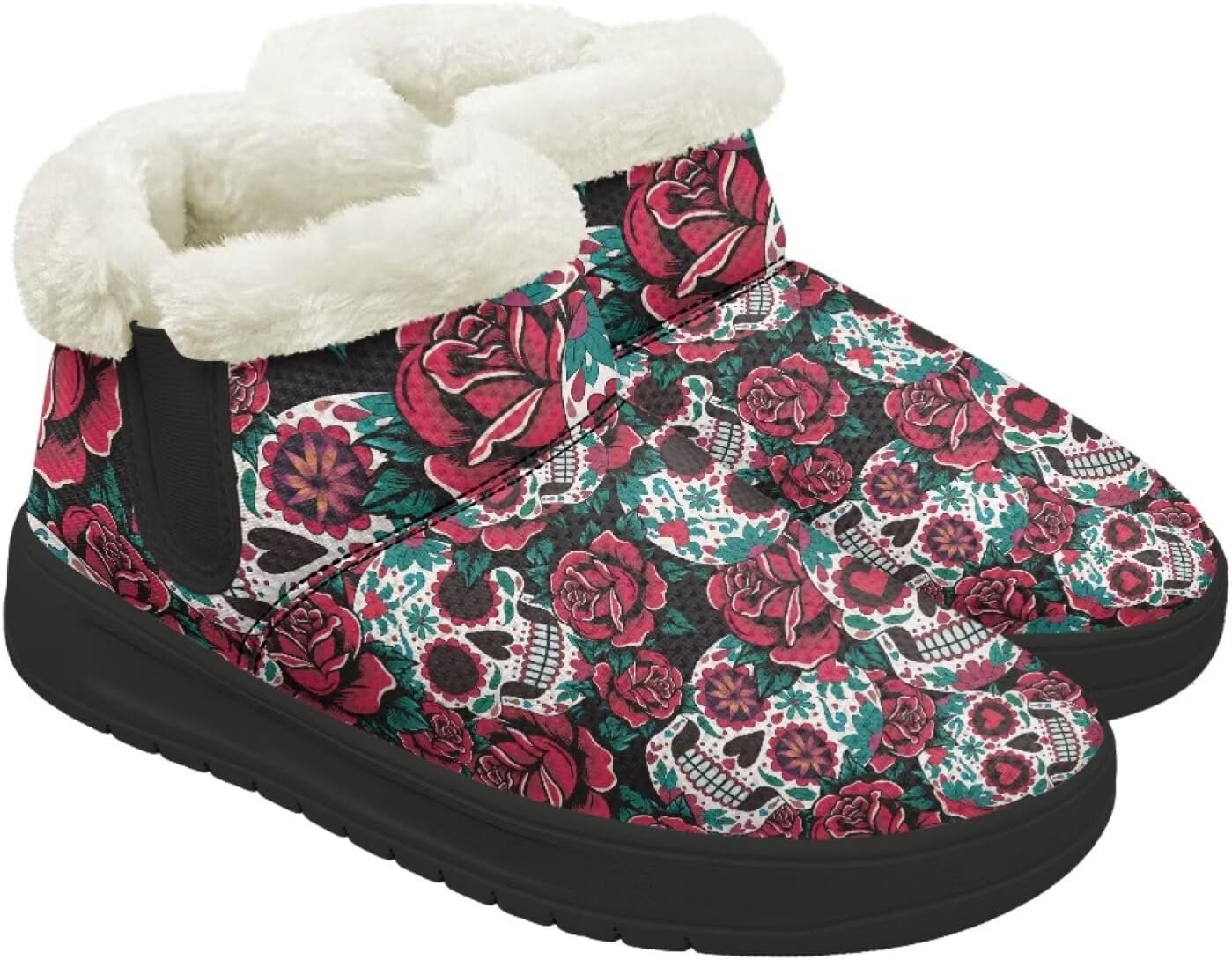 

Зимние ботинки Forchrinse для женщин и мужчин, с меховой подкладкой, для ходьбы на улице, короткие, с теплой подошвой и противоскользящей стелькой, Skull Flowers Print