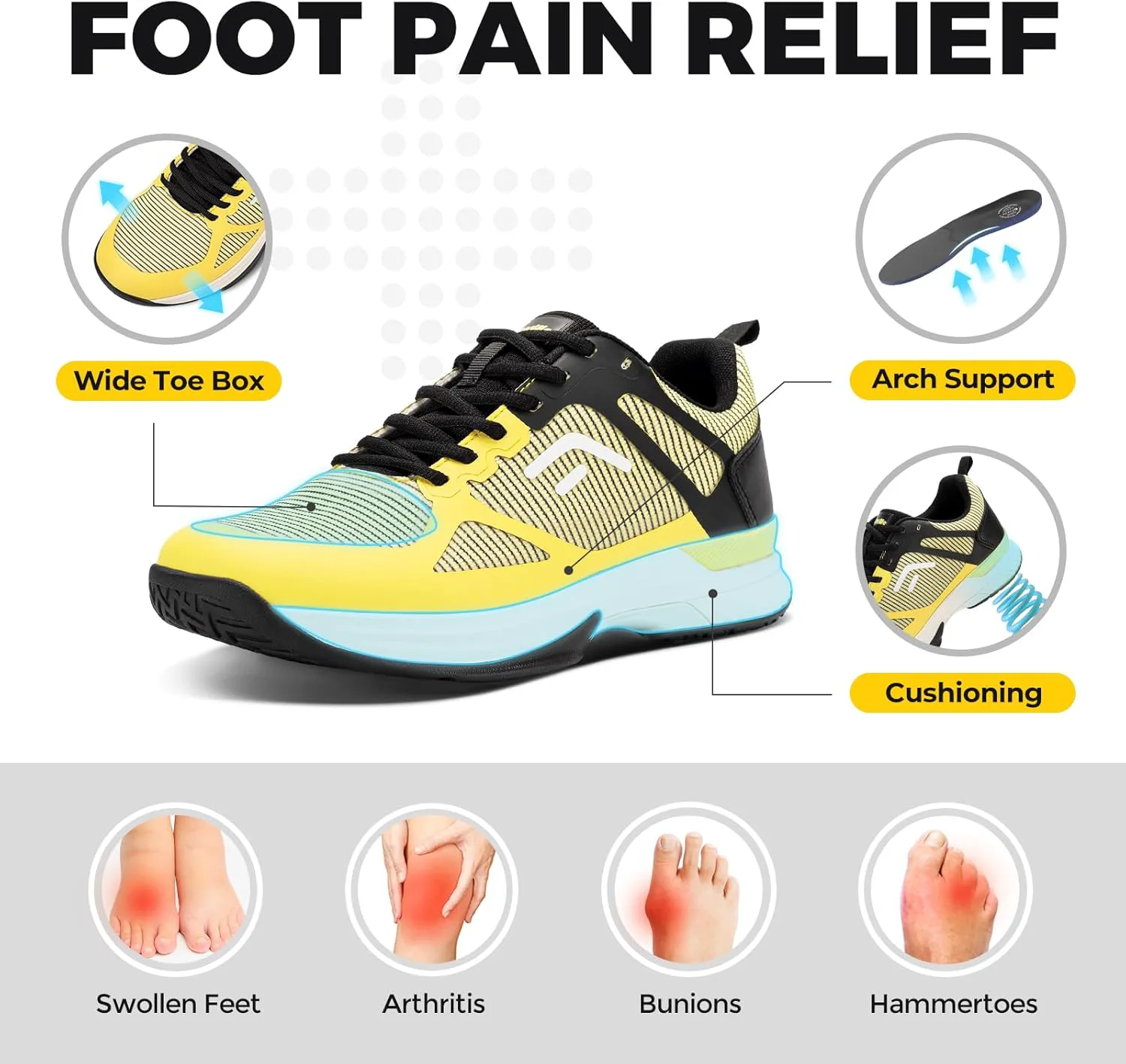 

Кроссовки FitVille Extra Wide для мужчин для игры в пиклбол, универсальные теннисные кроссовки с поддержкой свода стопы, желтый/черный