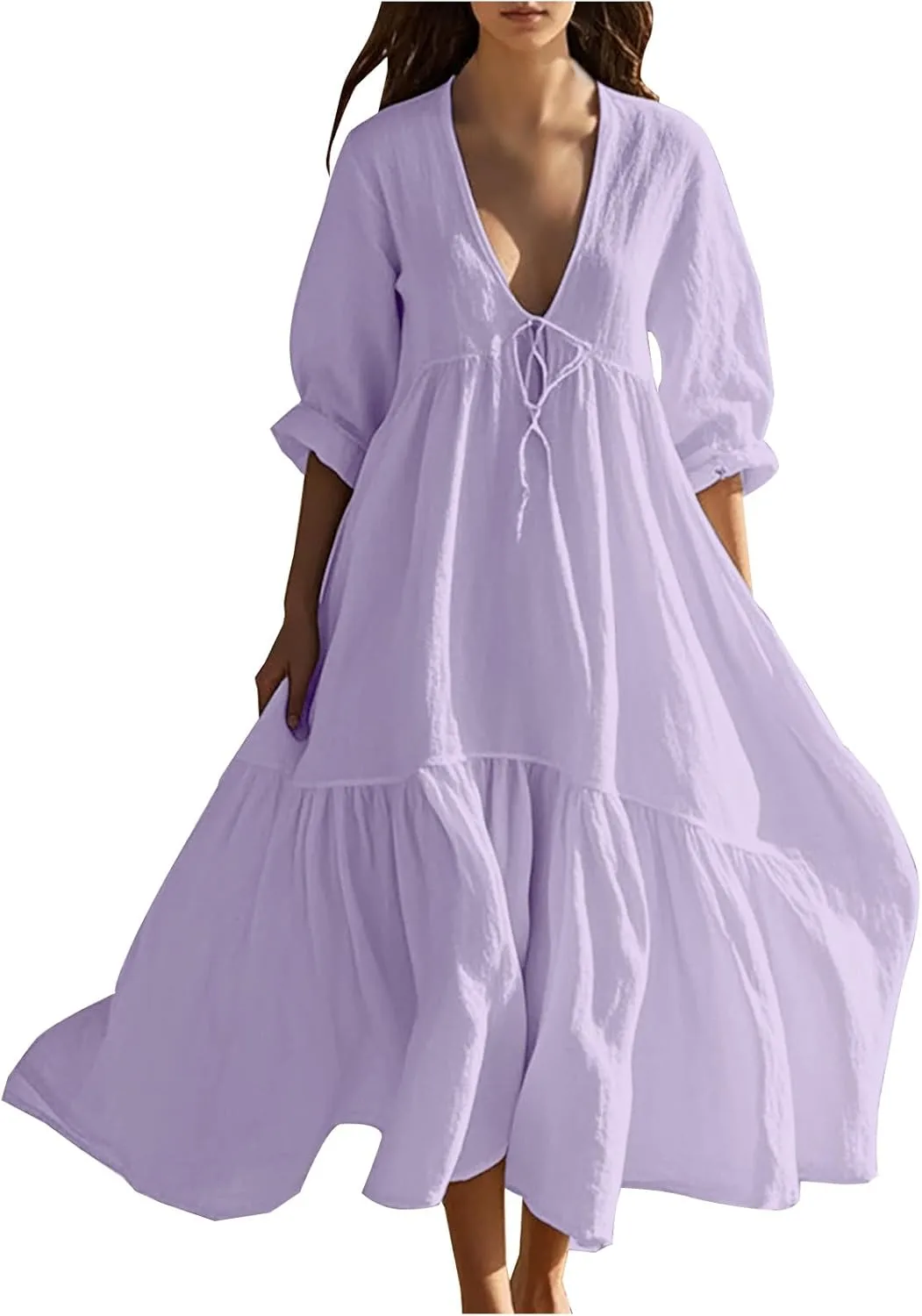Платье Plus Size с глубоким V-образным вырезом и коротким рукавом, ярусное, для пляжного отдыха, лето 2025 Generic, фиолетовый