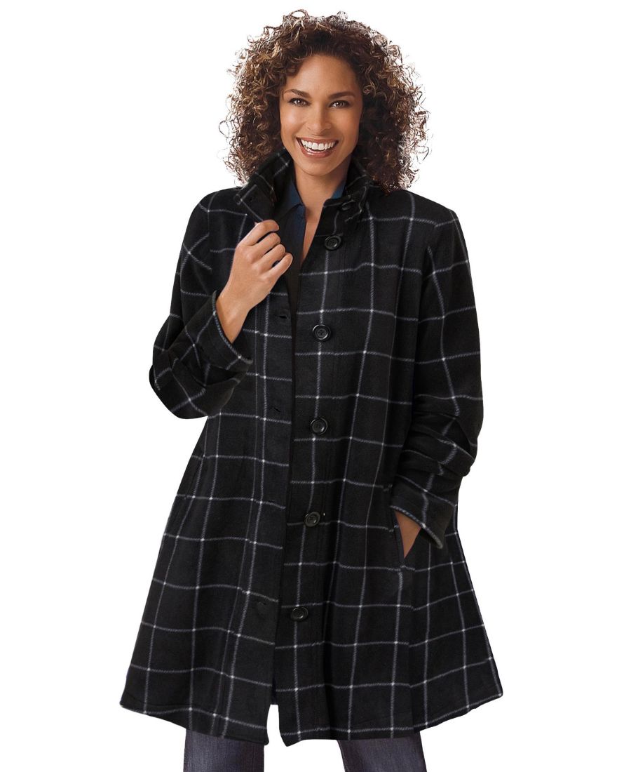 

Флисовое пальто-клеш большого размера с воротником-стойкой Woman Within, Black windowpane plaid