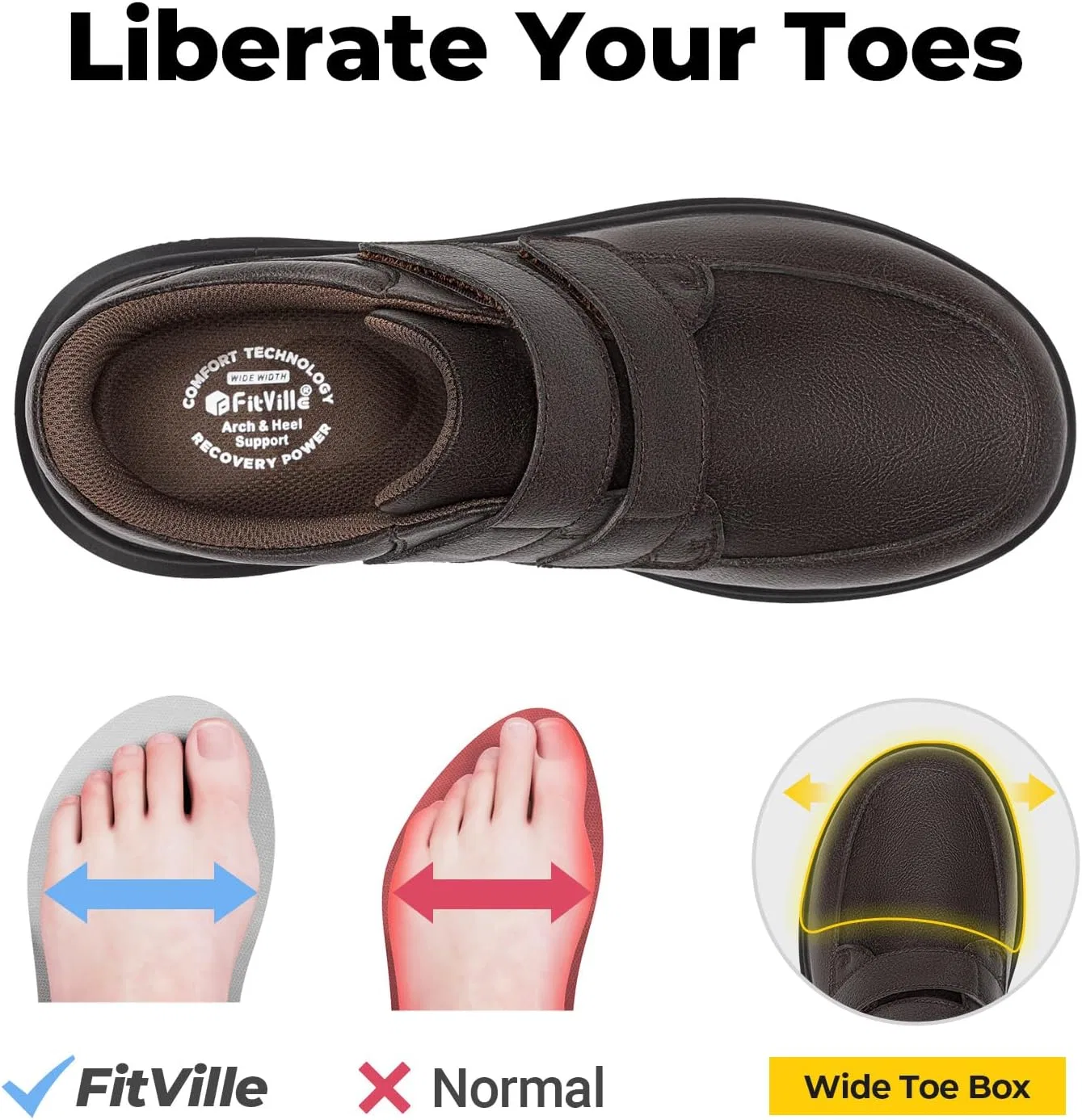 Мужские кожаные туфли FitVille Extra Wide с застежкой, повседневная обувь, деловая обувь, удобные кроссовки, легкие повседневные тапочки, обувь для ходьбы для широкой стопы, размер 40-50, Dark Brown — фото 3