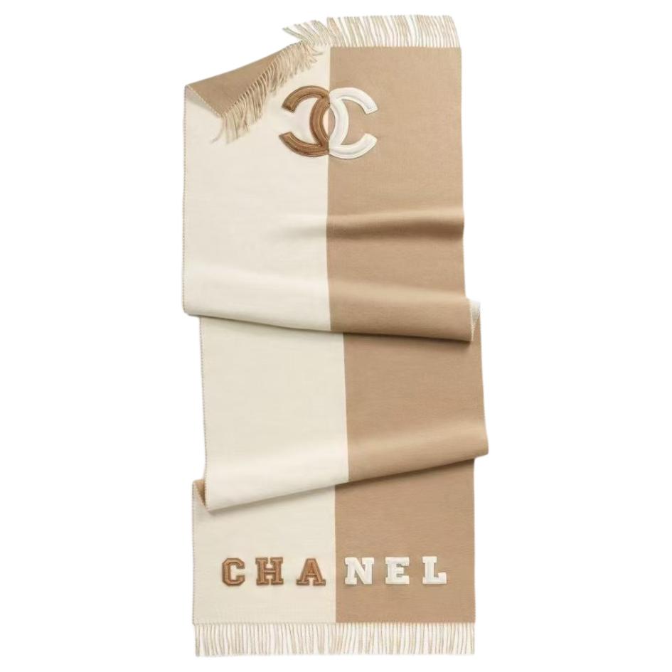

CHANEL Шерстяной вязаный шарф женский бежево-коричневый, Beige/Brown