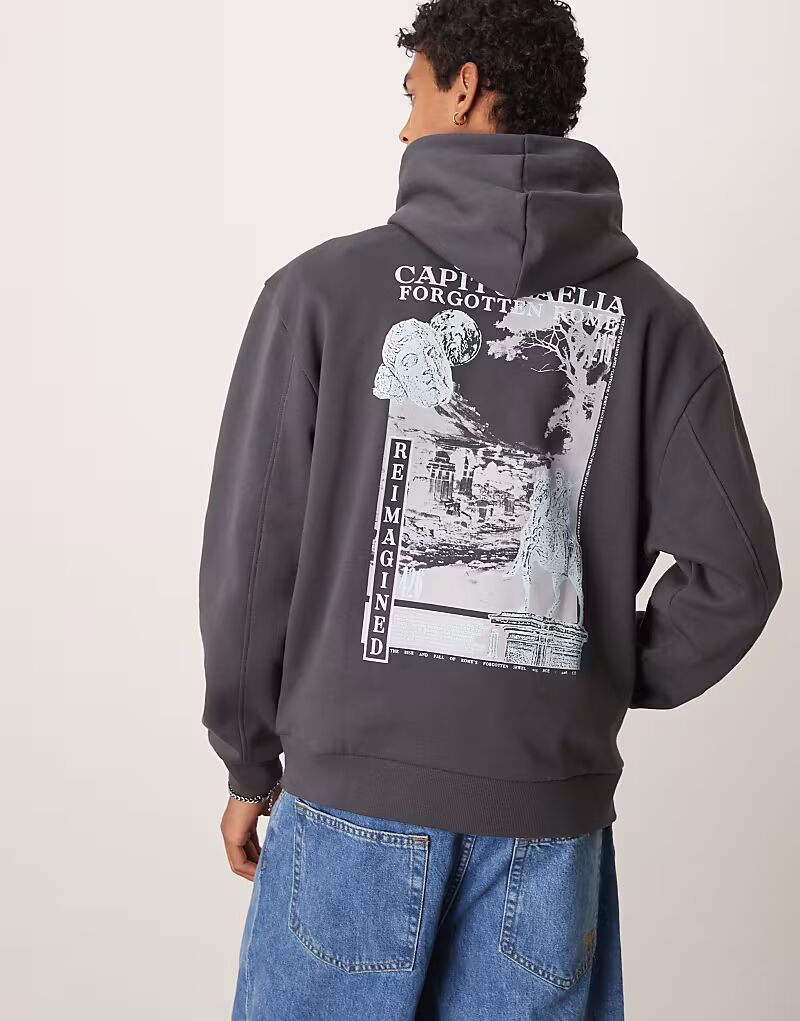 

Толстовка оверсайз с капюшоном ASOS DESIGN серого цвета с принтом на спине