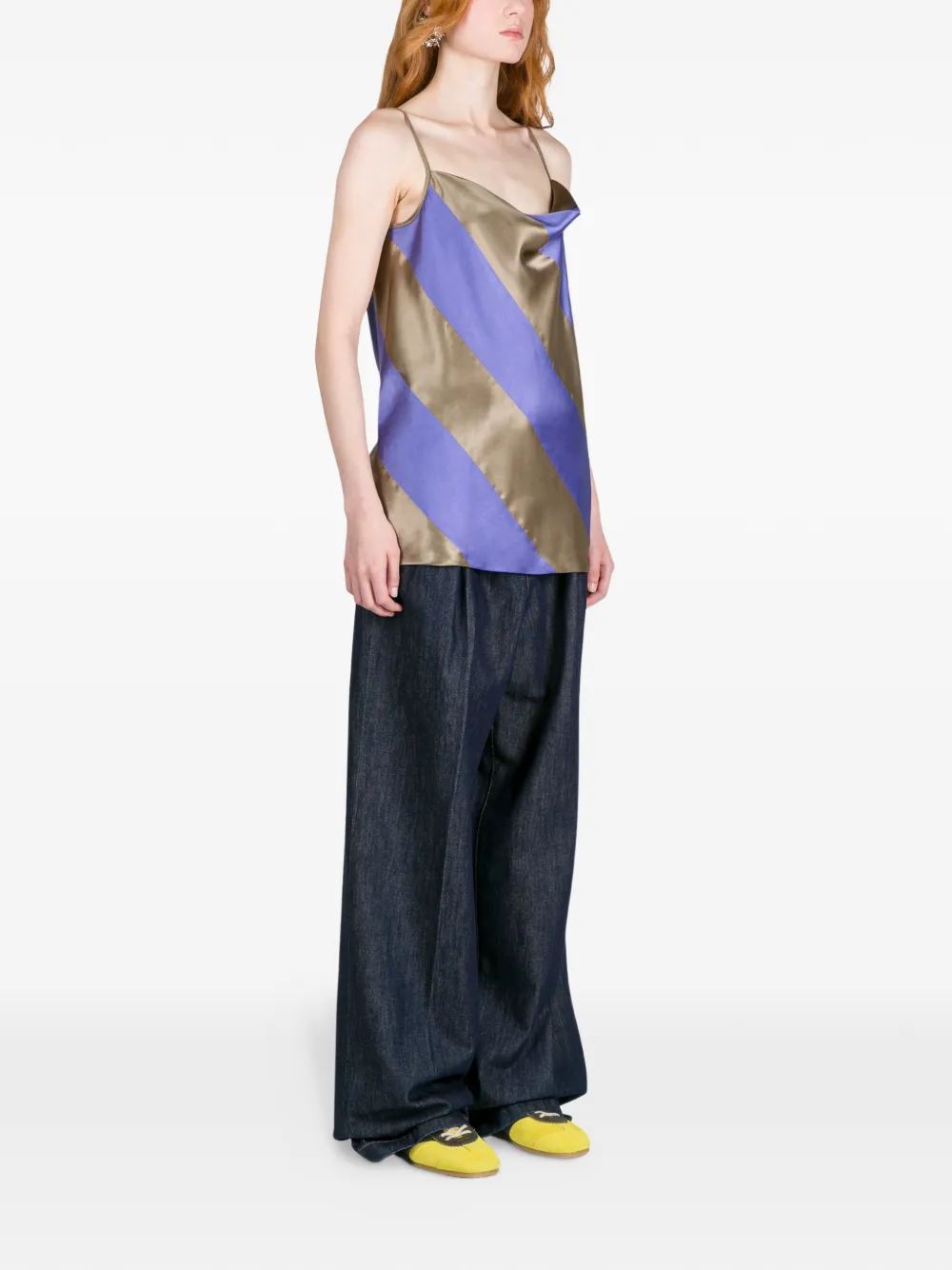 Атласный топ в полоску DRIES VAN NOTEN, коричневый — фото 3