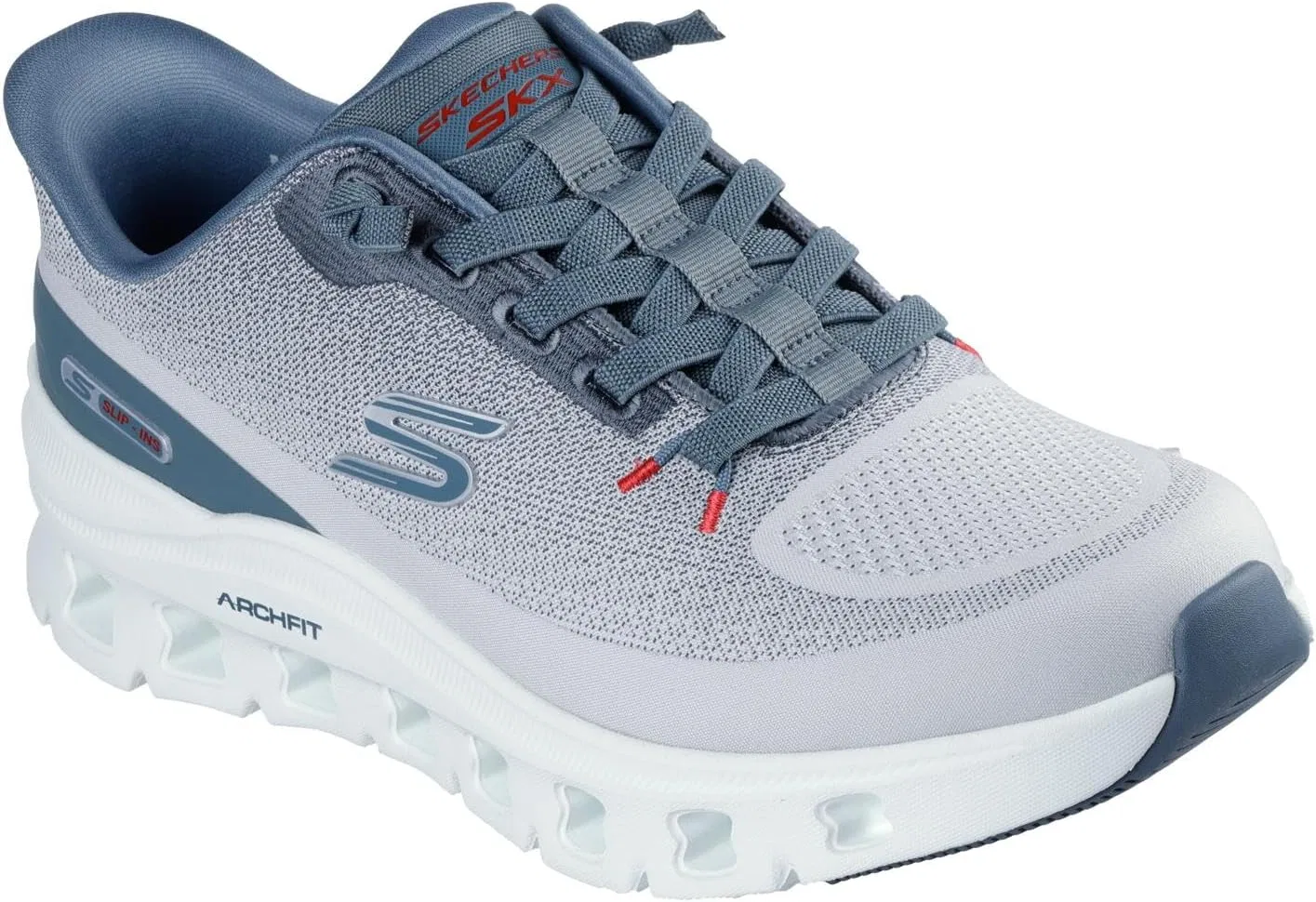 Мужские кроссовки Skechers Arch Fit Glide-Step Pro Hands Free Slip-in Trainers, Light Gray Knit Blue Pu