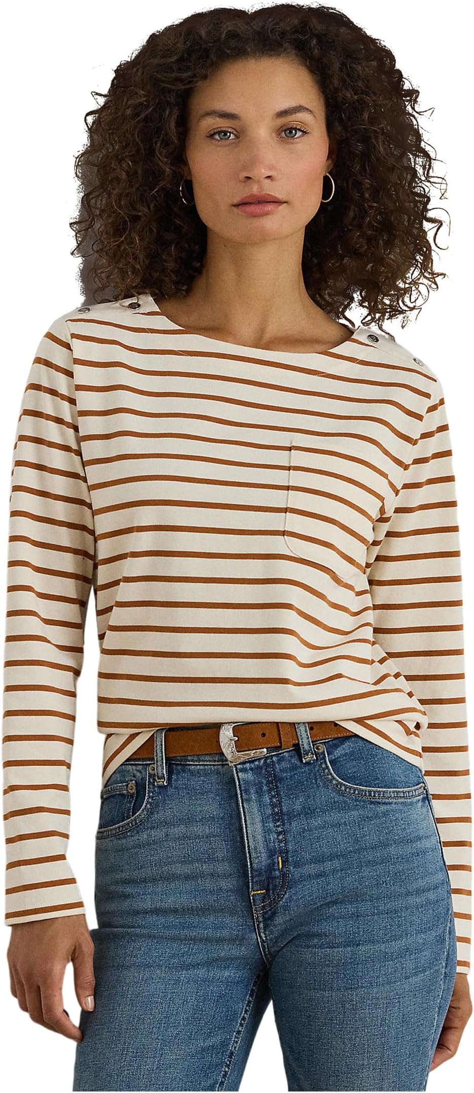 

Топ Lauren Ralph Lauren Striped Jersey Snap-Trim Boatneck Top, цвет Mascarpone Cream/Cinnamon Bark