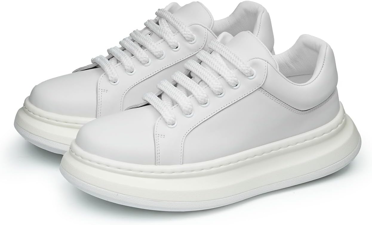 

Мужские модные кроссовки Santimon из кожи на платформе, повседневные туфли- верх из цельнозерновой коровьей кожи, массивные низкие кроссовки для ходьбы с подкладкой из овчины и эффектом увеличения роста, белый