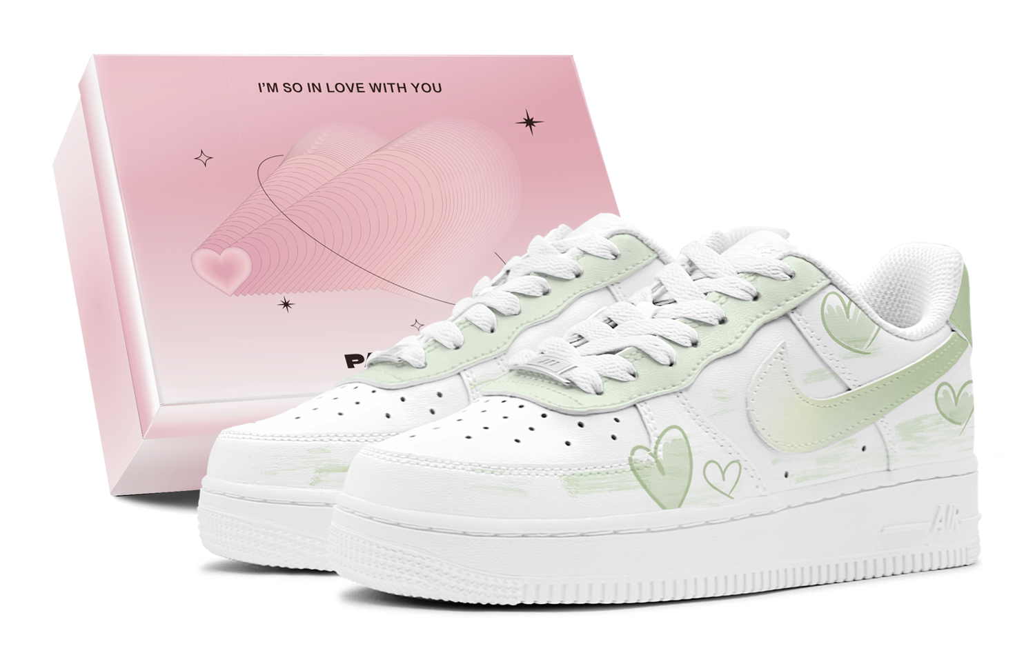 

Кроссовки Air Force 1 Air Force 1, романтический подарок для пары, с рисунком в виде сердца, низкие кроссовки для скейтбординга, мужские, зеленые Nike, Light Green